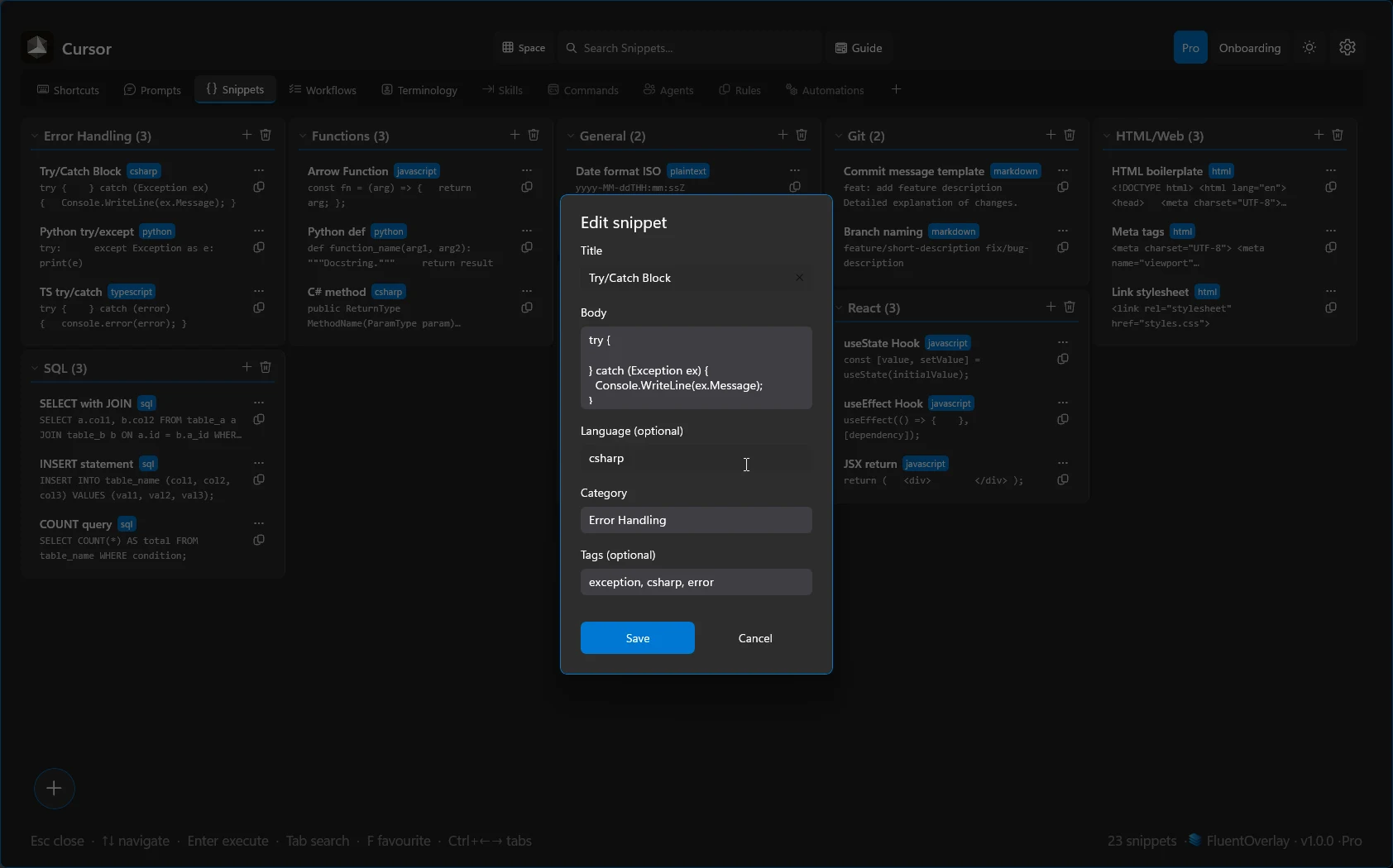 FluentOverlay editor surface for changing a prompt, snippet, or similar knowledge entry.