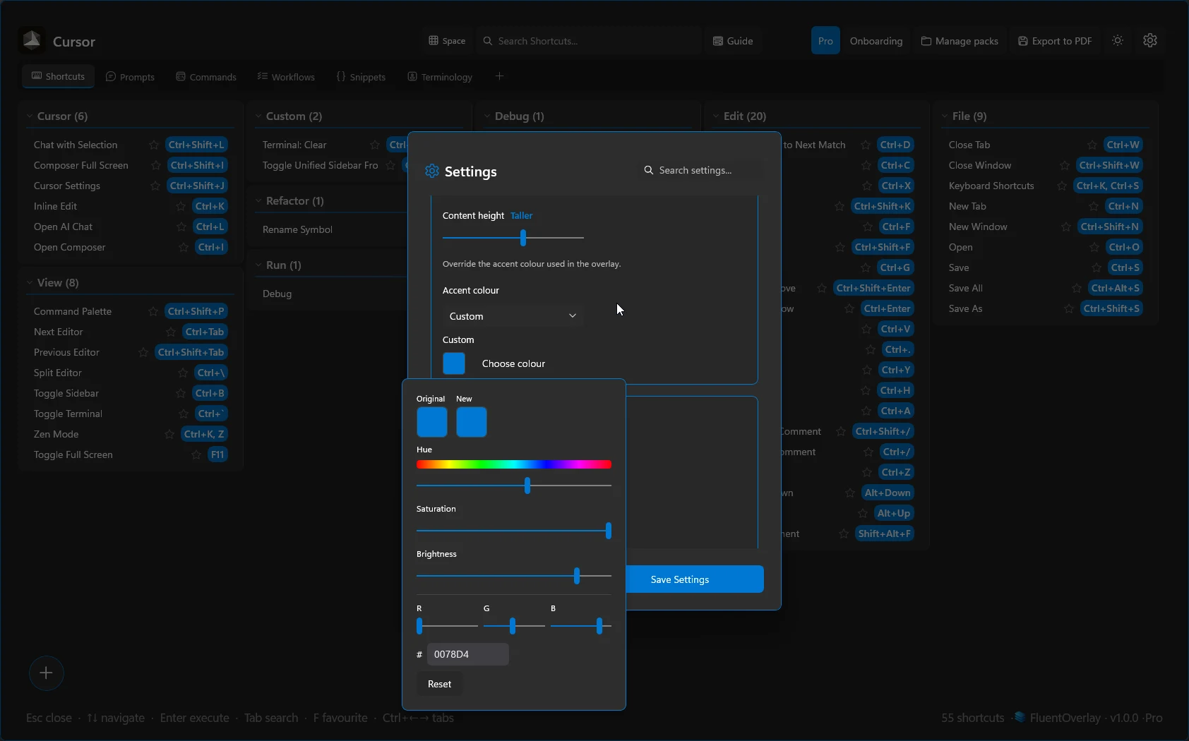 FluentOverlay Settings accent colour picker with RGB sliders and hex input over the Cursor shortcuts grid.