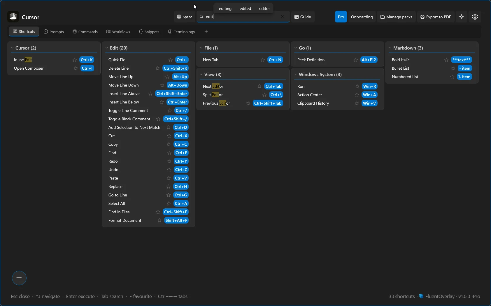 FluentOverlay shortcuts view with search filtering results to Edit and Markdown groups after typing a query.