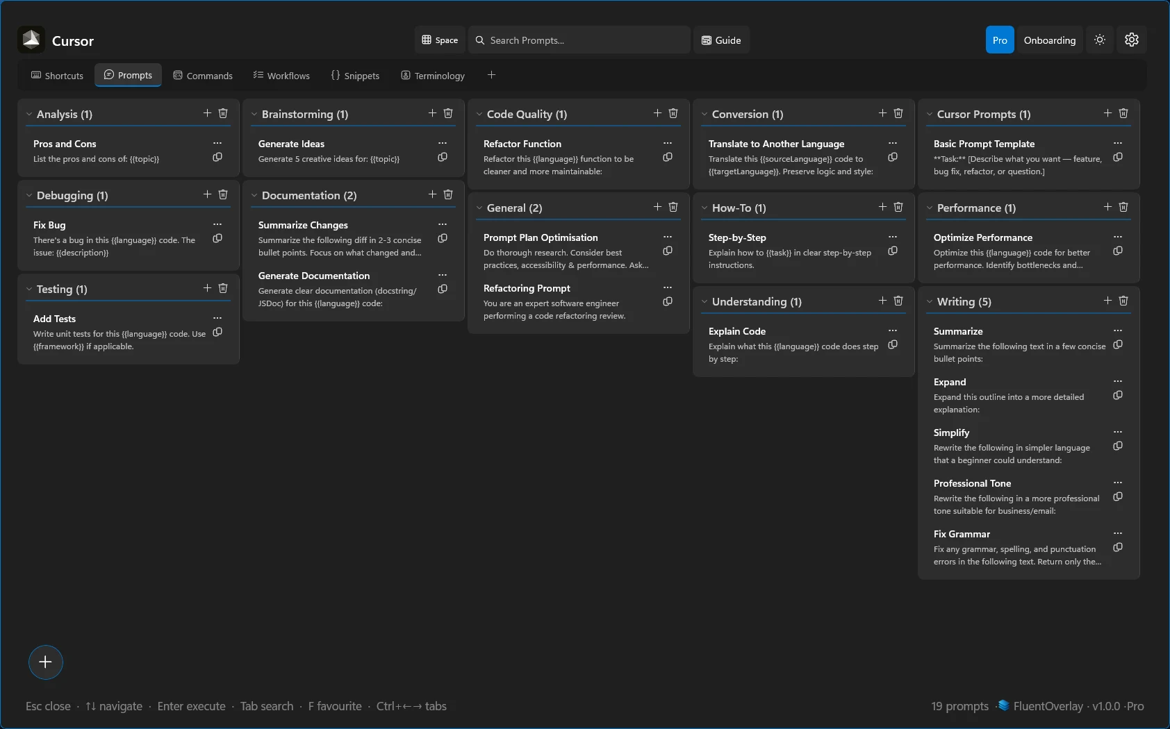 FluentOverlay Prompts tab in dark mode with multi-column categories such as Analysis, Documentation, and Debugging.