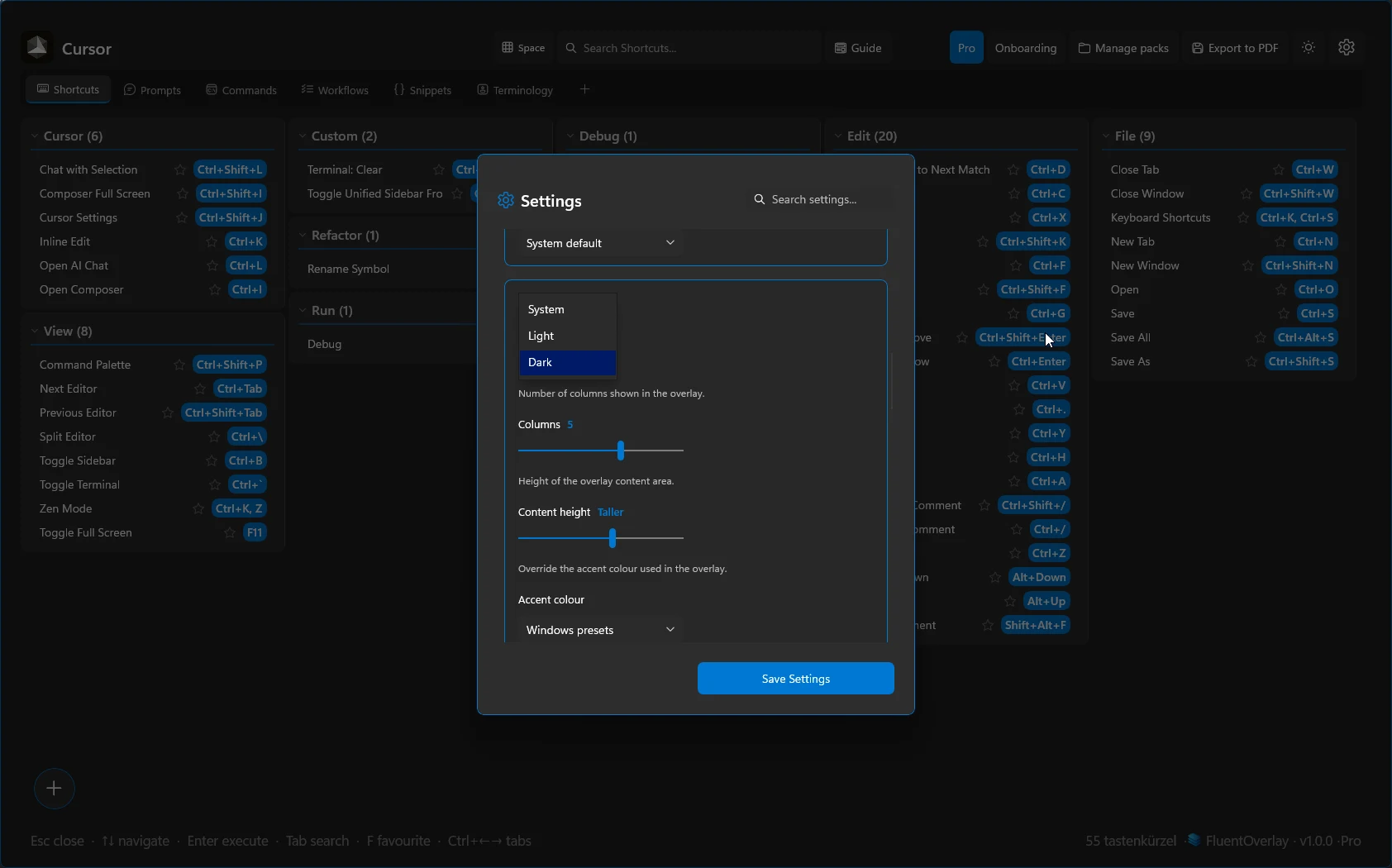 FluentOverlay Settings dialog over the shortcuts grid, with theme set to Dark and sliders for columns and content height.
