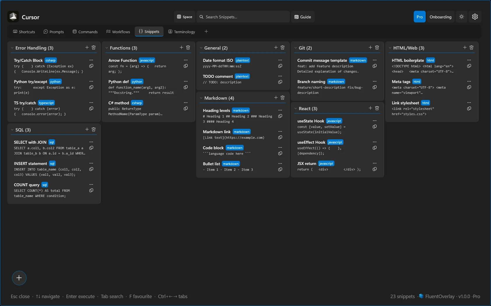 FluentOverlay Snippets tab showing code snippet cards across languages including C#, Python, SQL, and React.