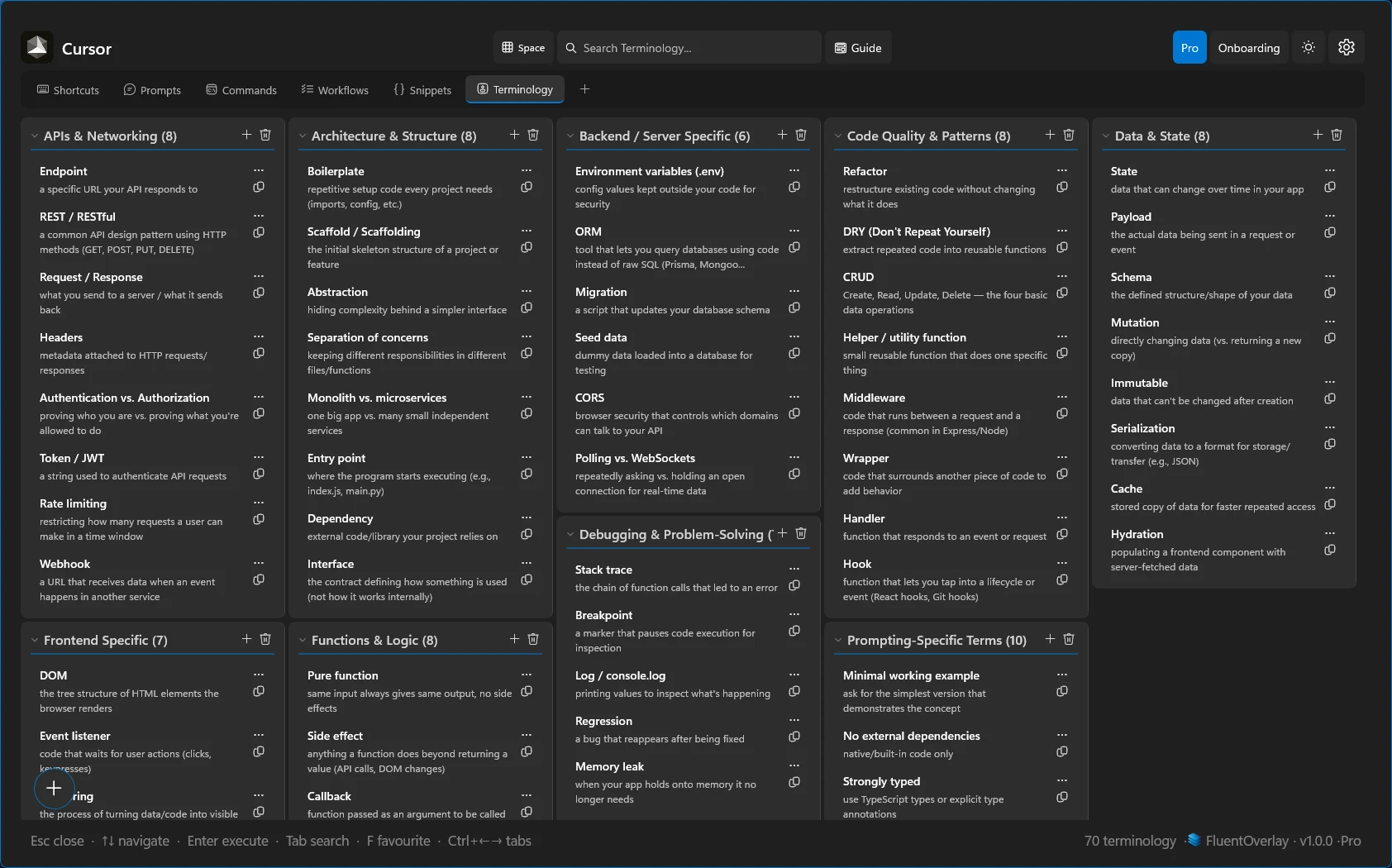 FluentOverlay Terminology tab with five columns of developer glossary cards including APIs, architecture, and data concepts.