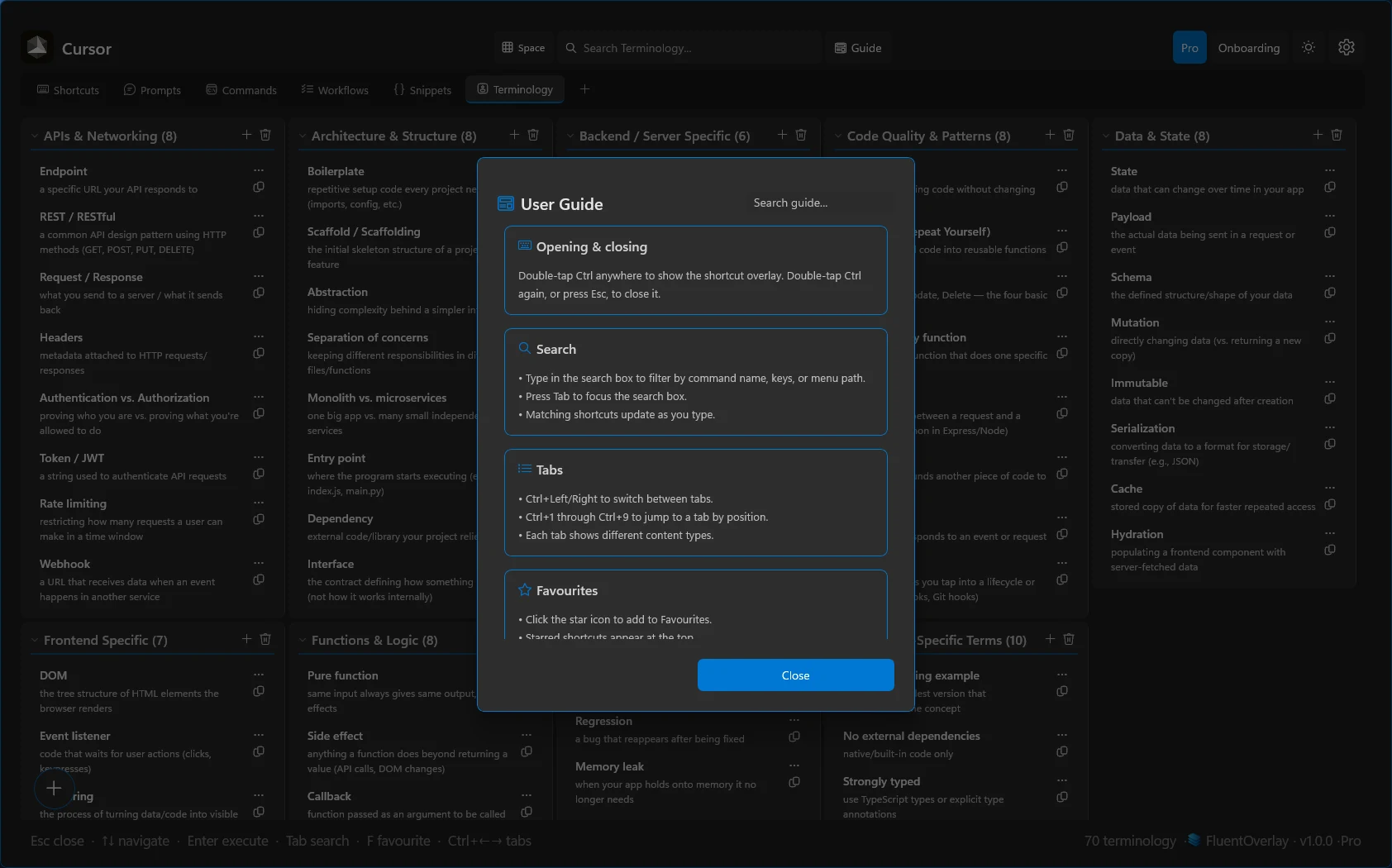 FluentOverlay User Guide dialog open over the Terminology tab, explaining double-tap to open, search, tabs, and favourites.