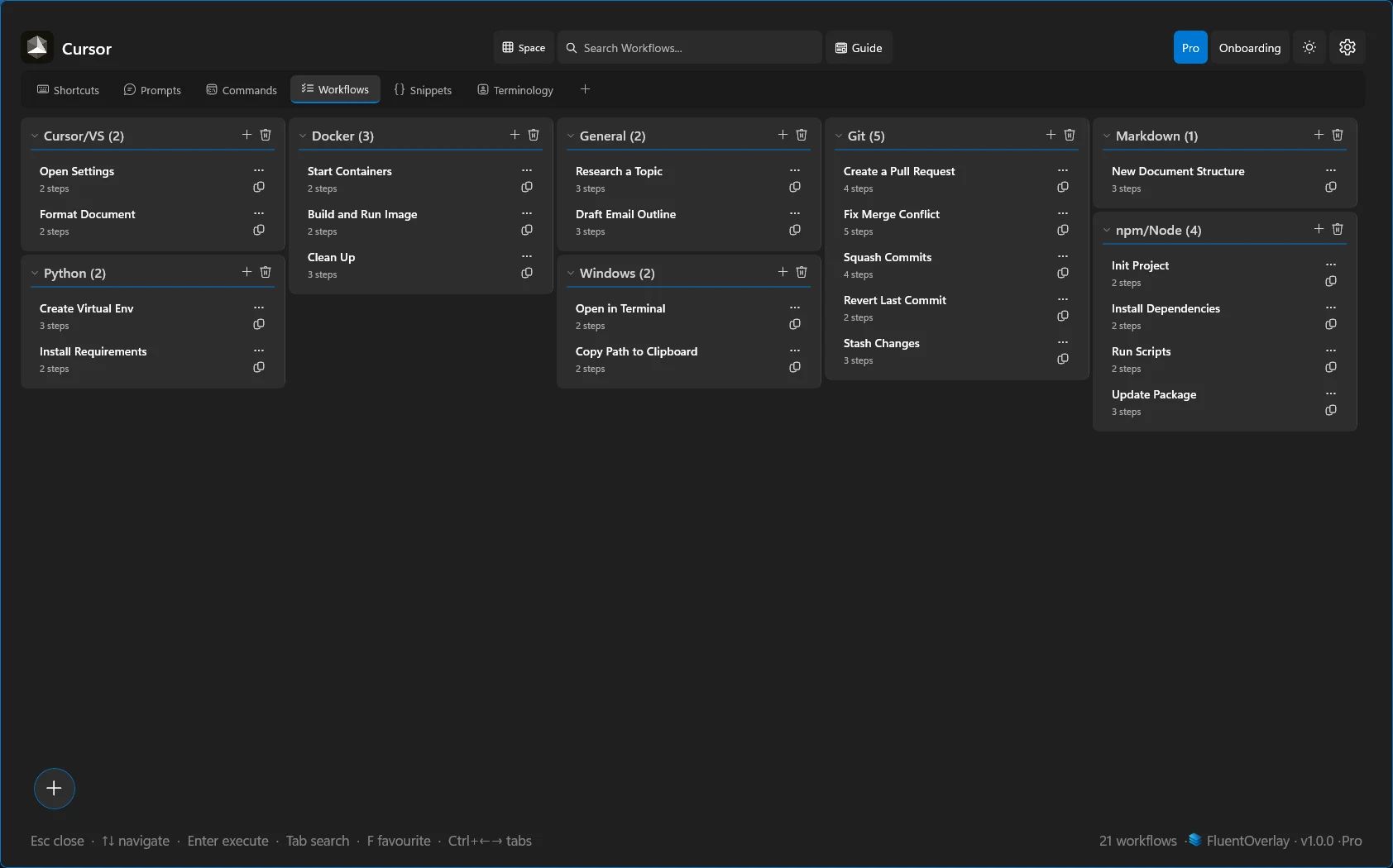 FluentOverlay Workflows tab with multi-step automation cards for Git, Docker, Python, and npm.