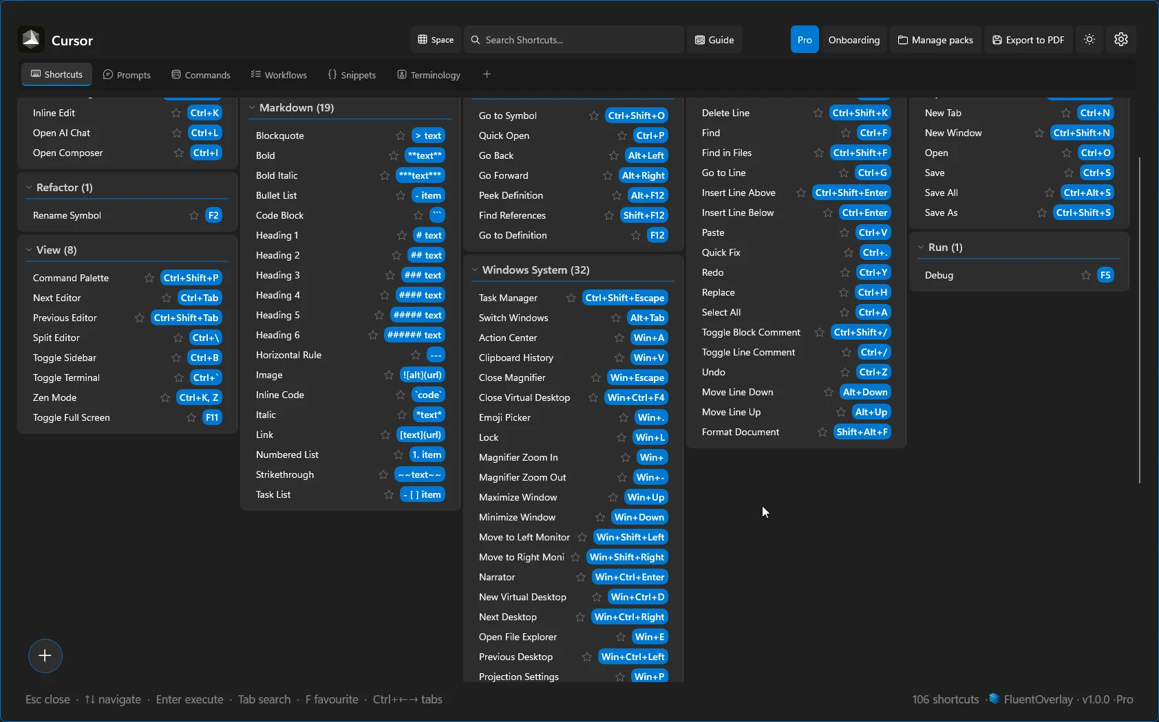 FluentOverlay in dark mode showing Cursor keyboard shortcuts in a multi-column grid with search, tabs, and Pro controls along the top.