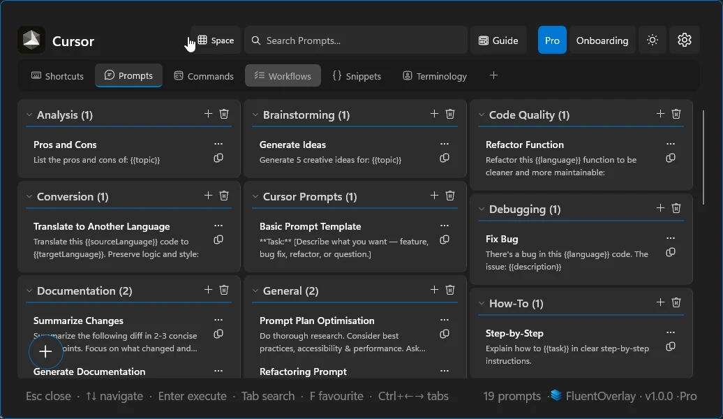 FluentOverlay Prompts tab for Cursor in dark mode with three columns and a compact short content height.