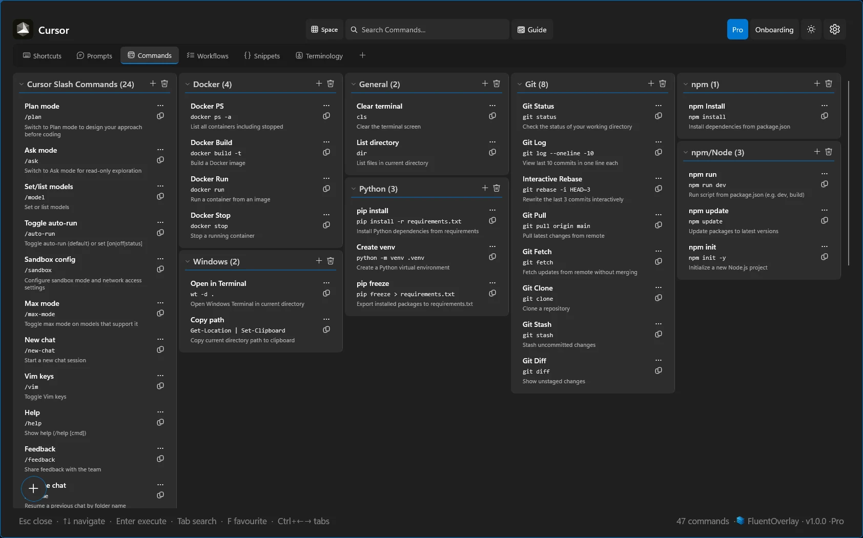 FluentOverlay Commands tab for Cursor with five columns and a taller window showing long command lists such as Cursor slash commands.