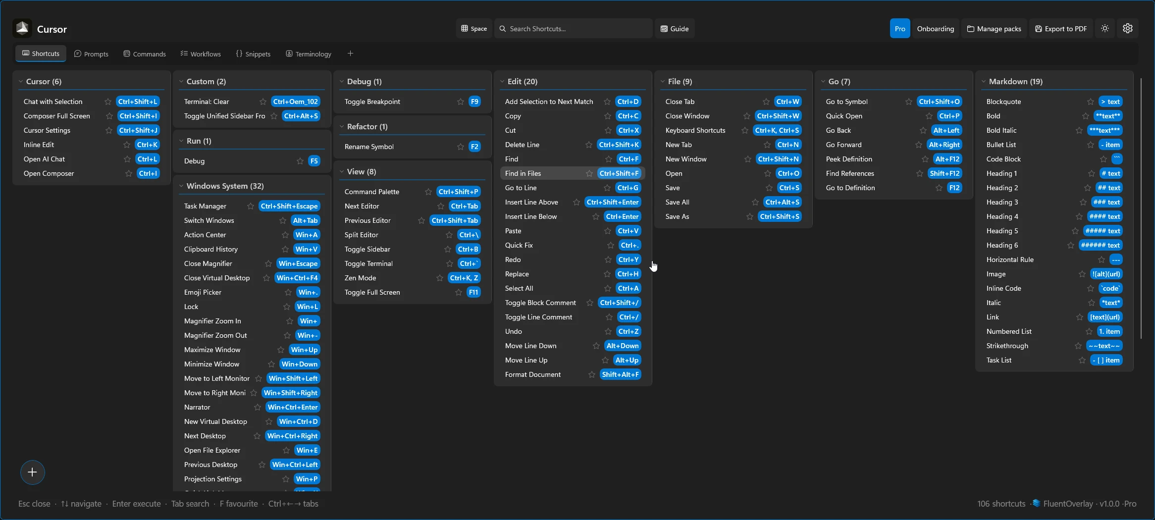 FluentOverlay Shortcuts tab for Cursor with seven columns filling a wide monitor and a standard content height.