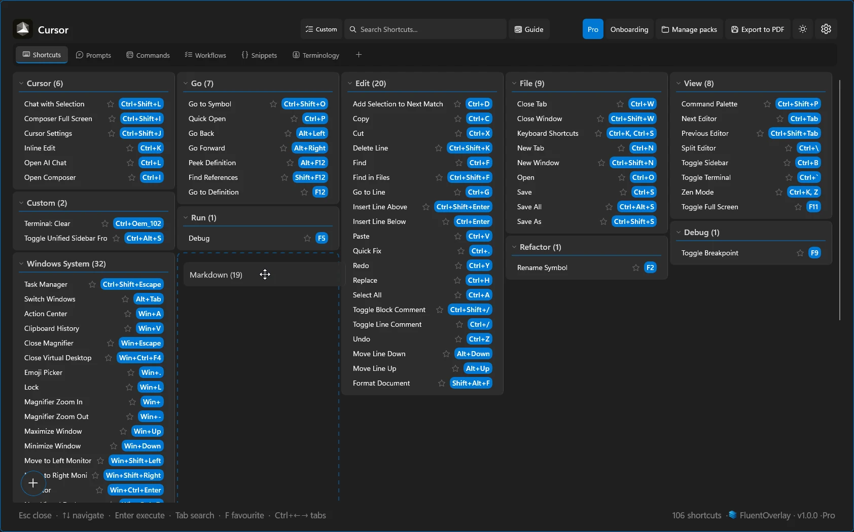 FluentOverlay Shortcuts tab with a category card mid-drag toward a new column.