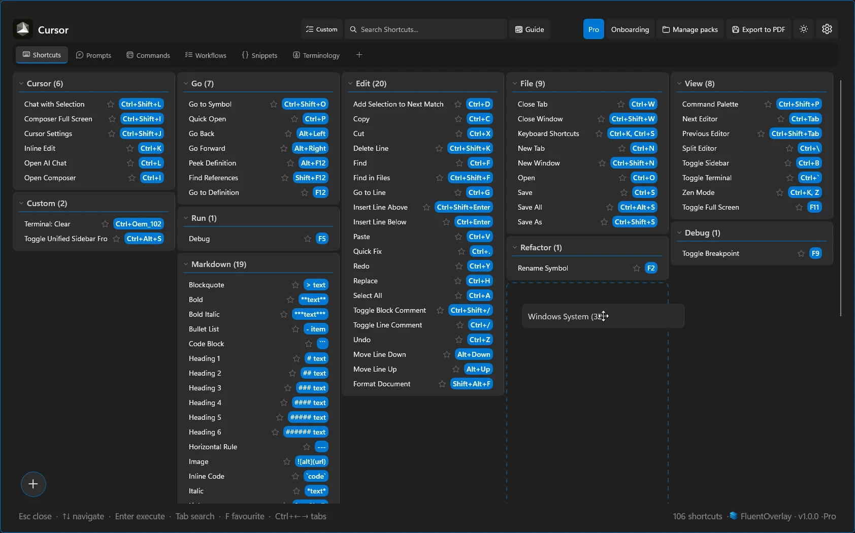 FluentOverlay Shortcuts tab showing a dashed blue drop placeholder while moving a Windows System category card.