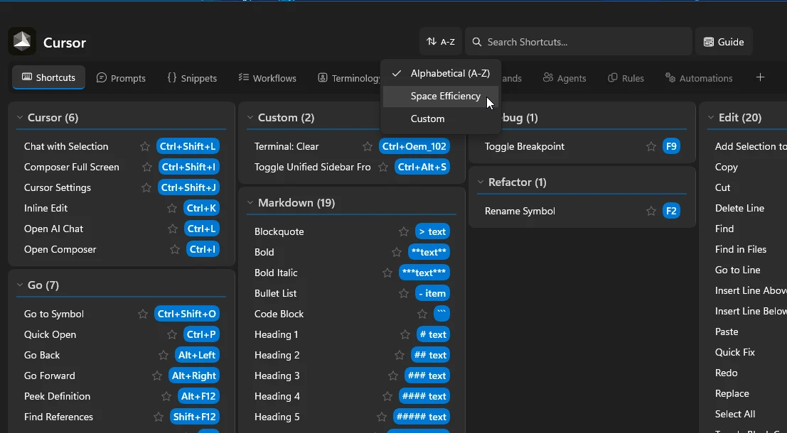 FluentOverlay header or settings control for alphabetical versus custom sort of categories.
