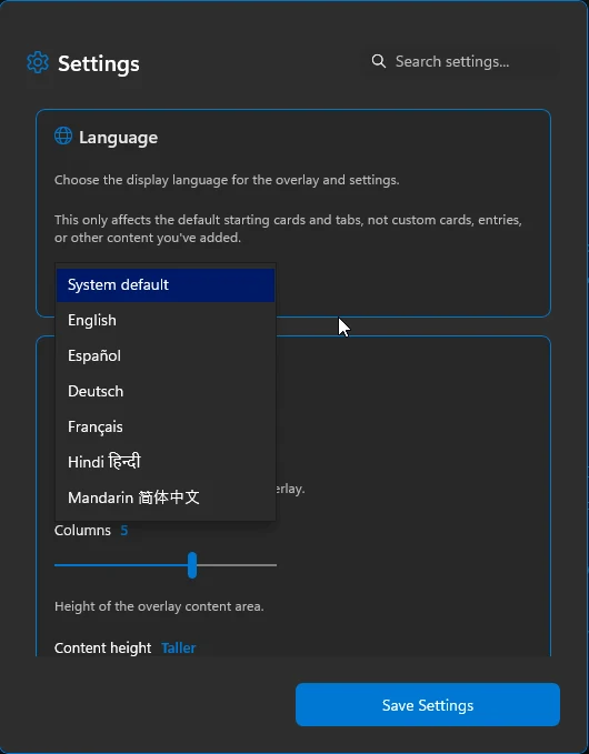 FluentOverlay Settings language list for the application UI.