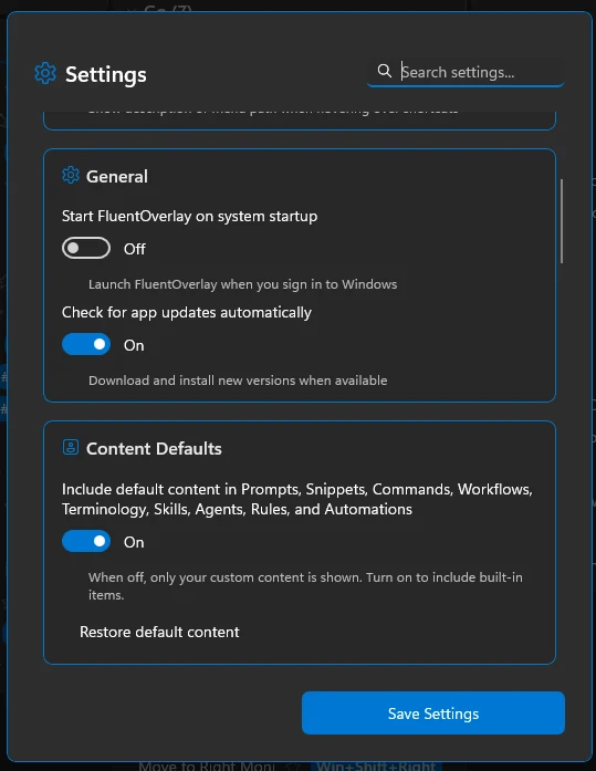 FluentOverlay Settings showing startup with Windows, automatic updates, and content defaults toggles.