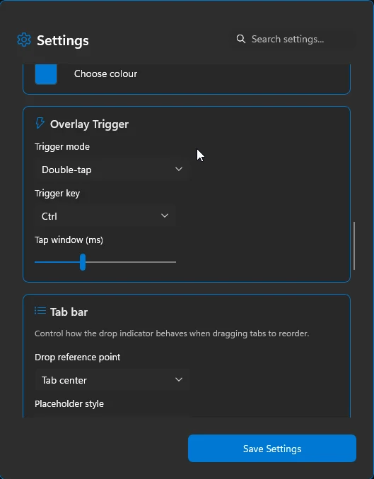 FluentOverlay Settings for trigger mode, key choice, hold duration, and tap timing (Pro).