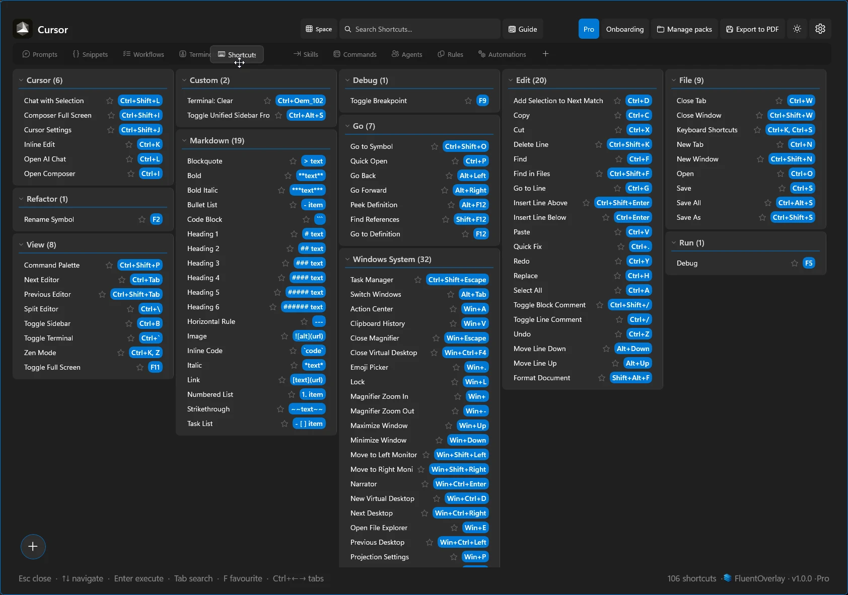 FluentOverlay tab strip mid-drag reordering tabs such as Shortcuts and Prompts.