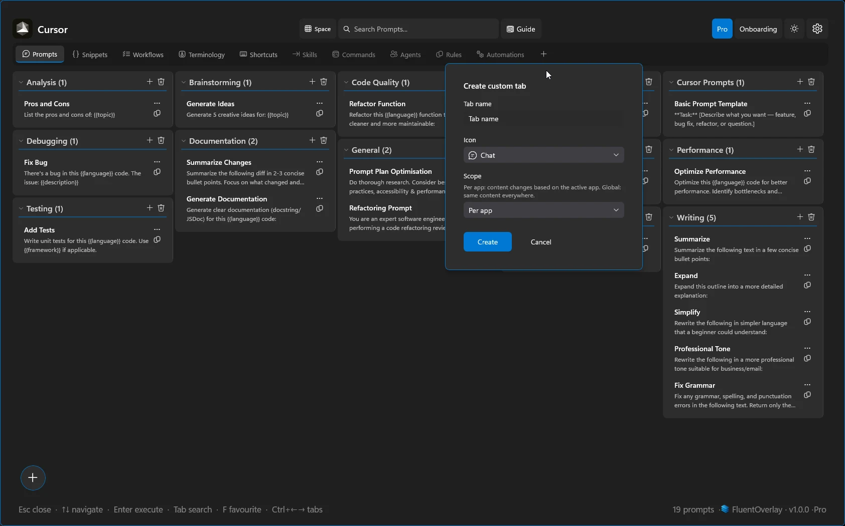FluentOverlay flow for creating a new custom tab in the tab strip.