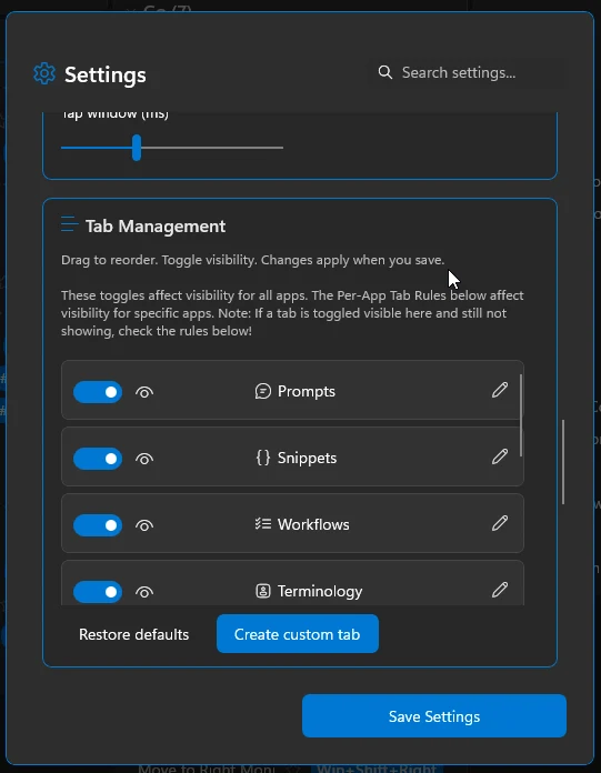 FluentOverlay Settings or dialog listing tabs with visibility and management controls.