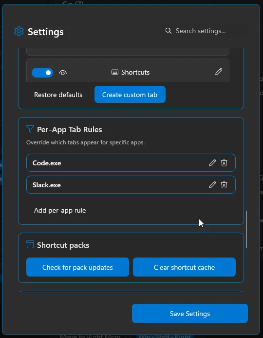 FluentOverlay per-app tab rules list mapping applications to visible tabs.